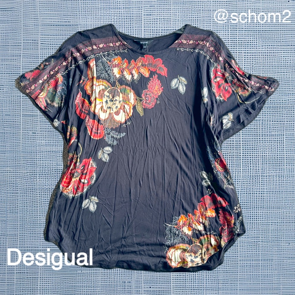 NWT Desigual XS Floral shirt accents Designer Flowy